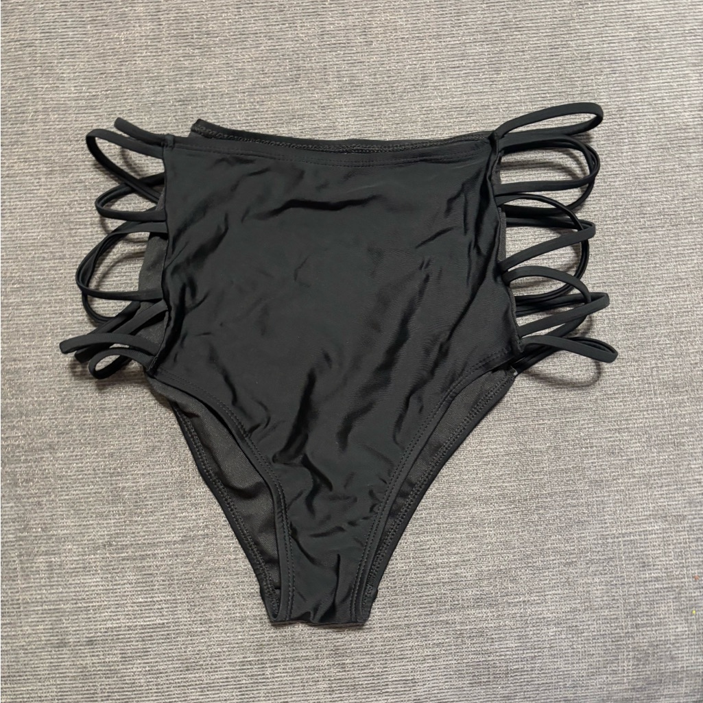 Black Strappy High Rise Women's Swimsuit Bottom